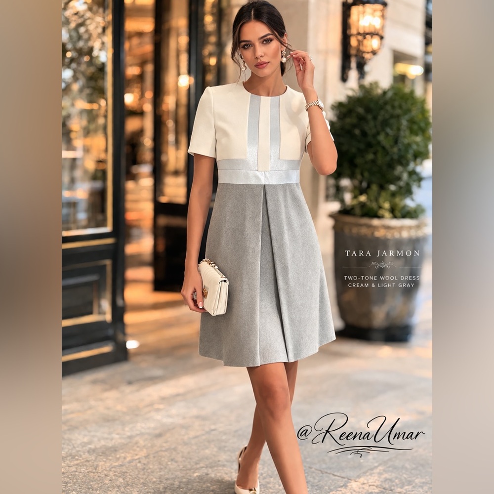 Tara Jarmon Two-Tone Wool Dress in Cream & Light Gray – Size 38